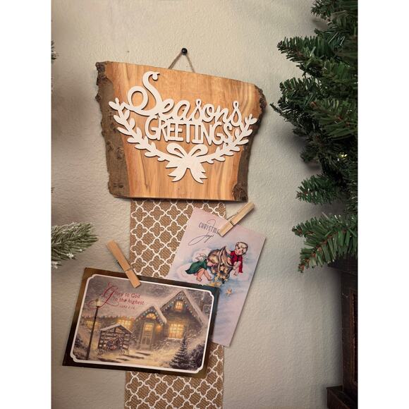 Seasons Greetings Holiday Card Holder Wooden Aspen Topper Wide Burlap Ribbon - Picture 2 of 5